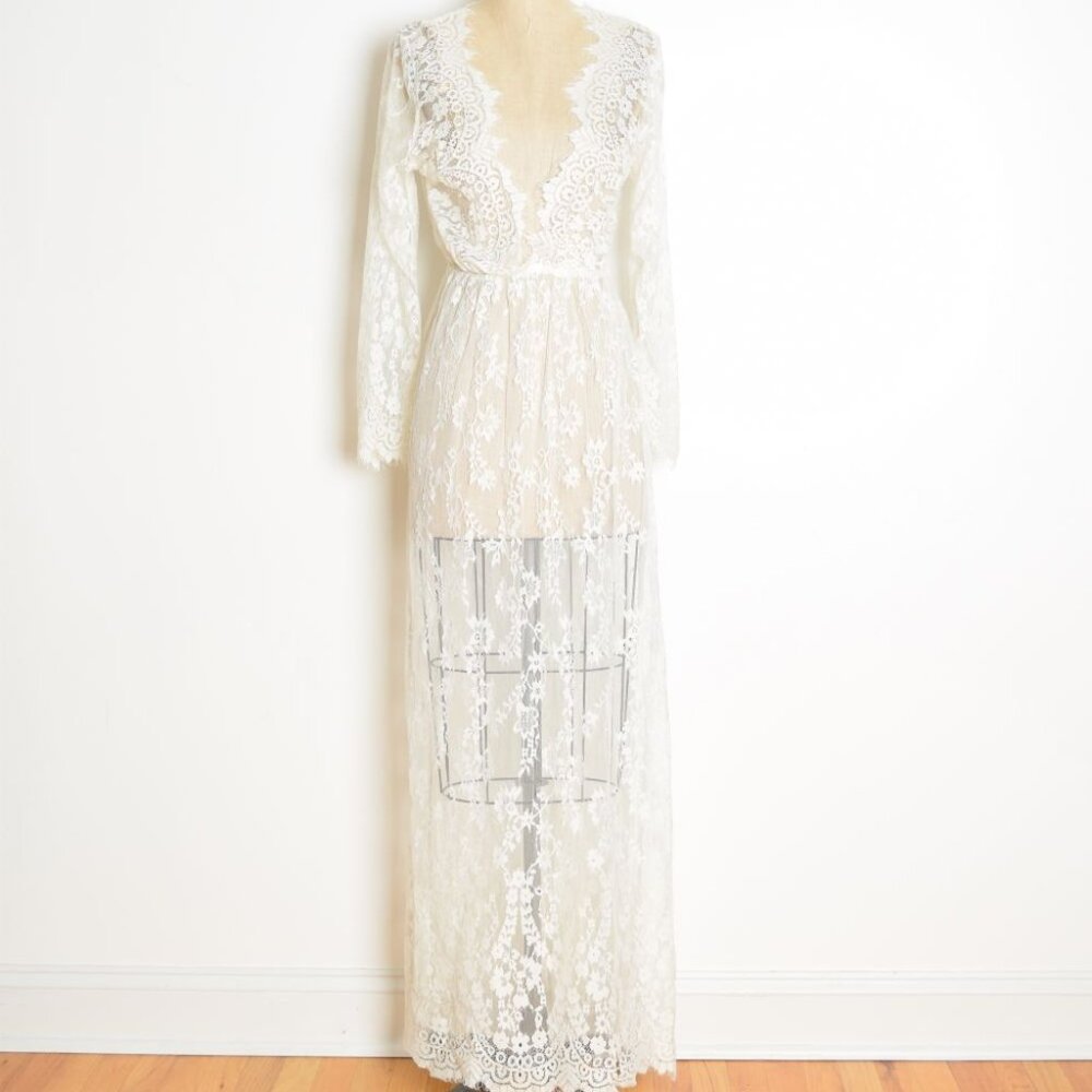 cream lace dress long maxi beach cover up plunging neckline hippie boho S M